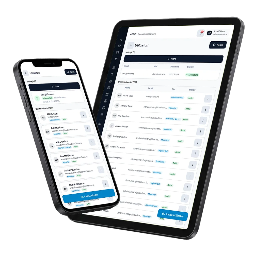 Invitații & Onboarding în Fluxo — ecranele modulului pe tabletă și telefon