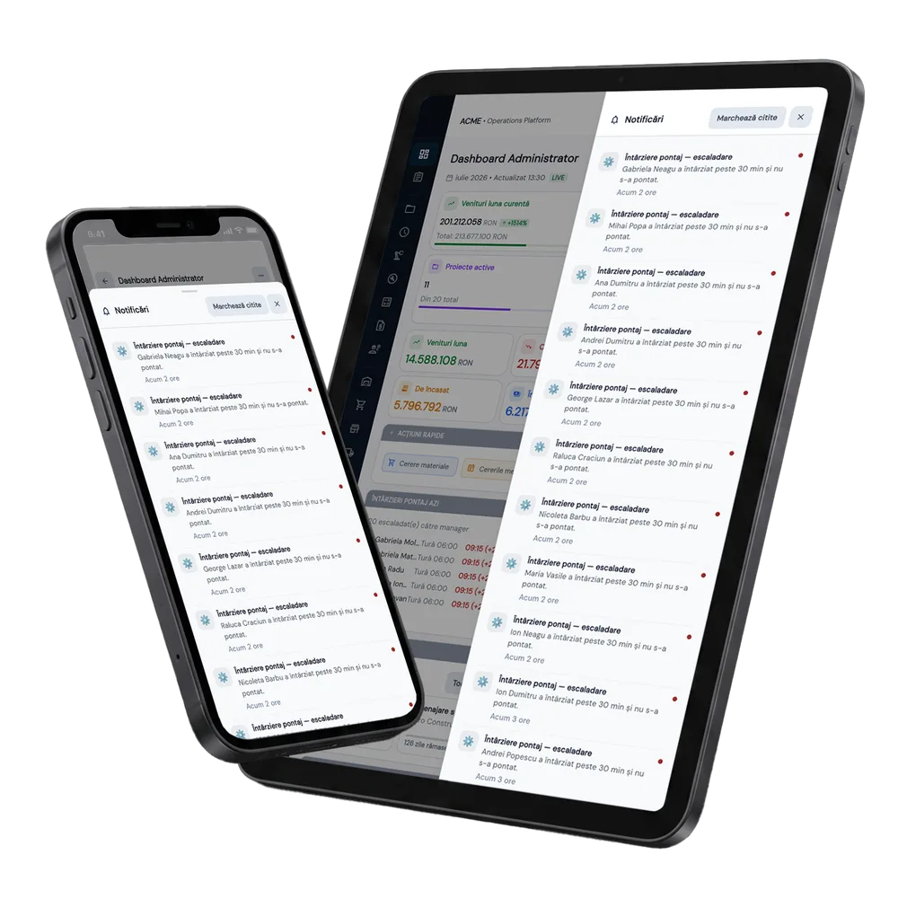 Notificări & Calendar în Fluxo — ecranele modulului pe tabletă și telefon