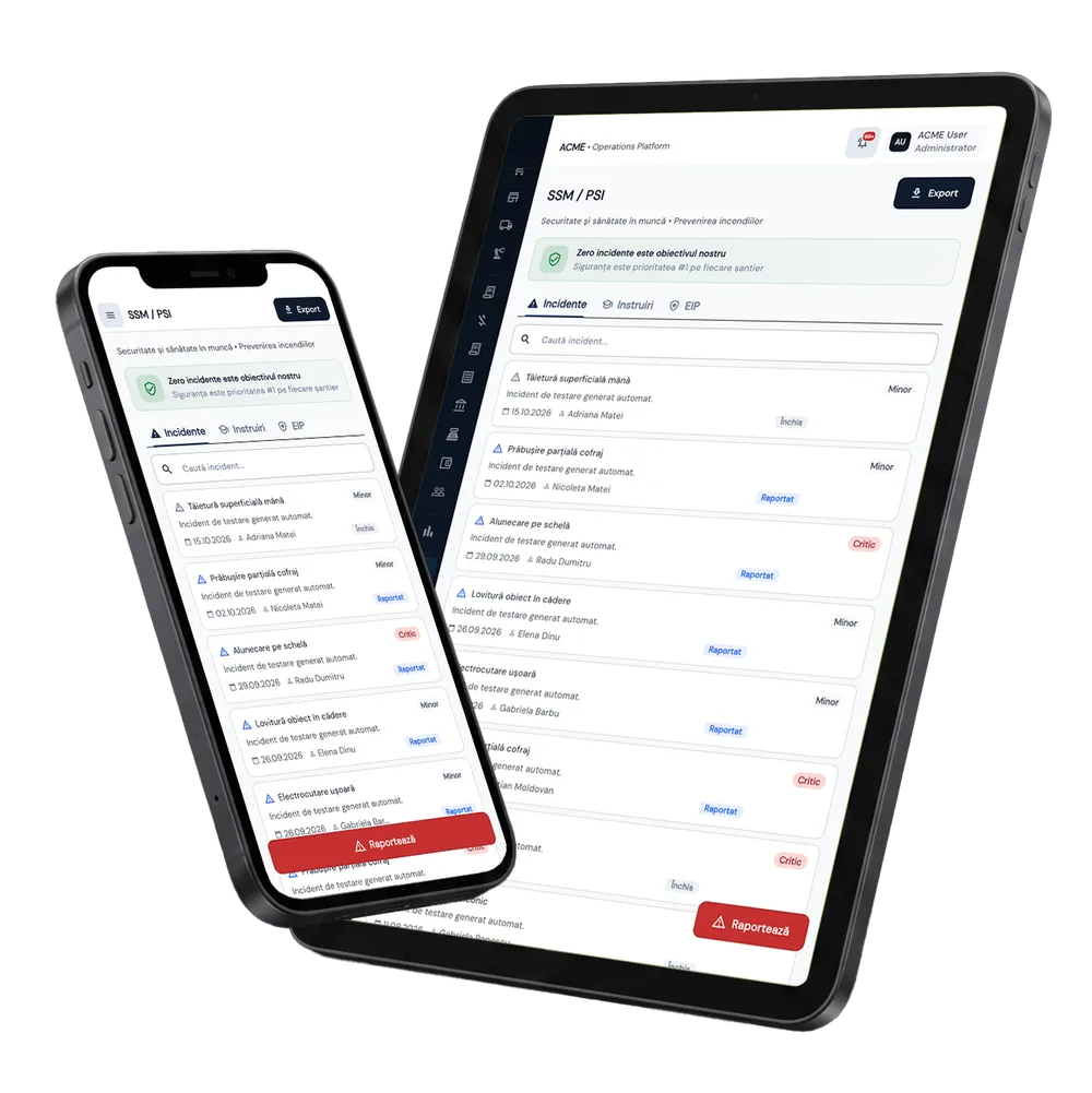 SSM & Instruiri Digitale în Fluxo — ecranele modulului pe tabletă și telefon